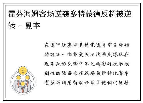 霍芬海姆客场逆袭多特蒙德反超被逆转 - 副本