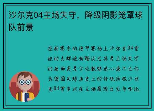 沙尔克04主场失守，降级阴影笼罩球队前景