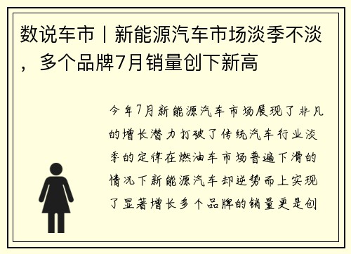 数说车市丨新能源汽车市场淡季不淡，多个品牌7月销量创下新高